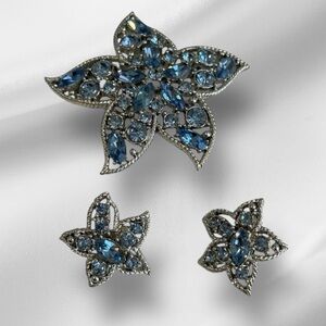 Sarah Coventry Vintage Starfish Brooch Earrings Set Blue Rhinestone Pin